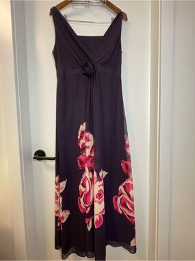 Jacques Vert Chiffon Sleeveless Purple Maxi Dress with floral print size US 12